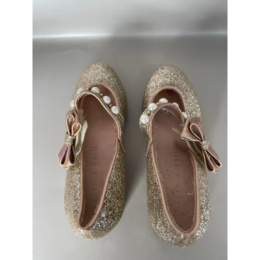 Kelly & Katie Gisele Gold Glitter Pearl Bow Mary Jane Block Heels Kids Size 12M